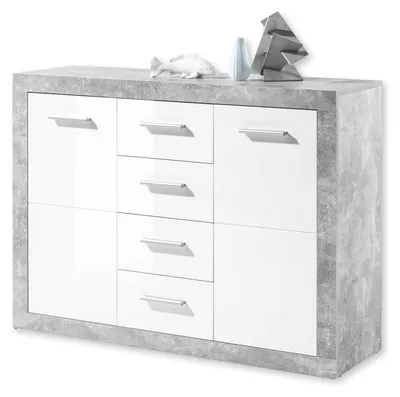 Image de Commode STONE avec tiroirs, aspect béton, finition blanc brillant - Commode moderne