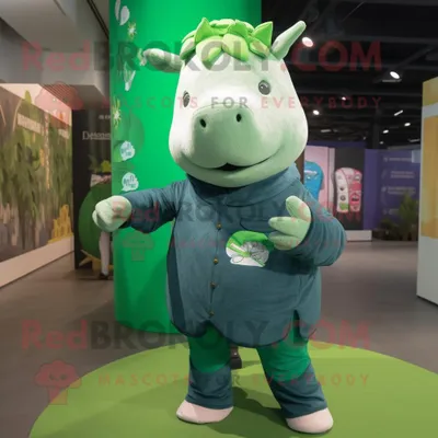 Produktbild von Grünes REDBROKOLY Nashorn Maskottchen kostüm gekleidet in Jeans und Schals