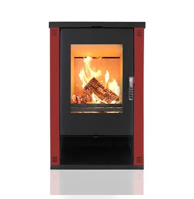 A modern red and black wood-burning stove with a fire burning inside.
