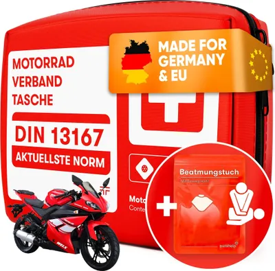 Produktbild von PURAHELP Motorrad Verbandskasten DIN 13167 StVO konform 2025 - Inkl. Beatmungstuch - Mini Erste Hilfe Set - Verbandstasche
