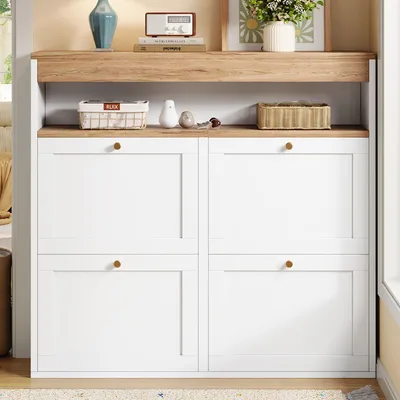 Immagine prodotto di Mobile porta scarpe MODFU con 4 ante, comò porta scarpe con vano verticale, mobile di appoggio con ripiani aperti, bianco, L 105 × A 100 × P 25 cm
