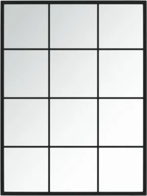 A black metal framed mirror divided into 12 square panes.