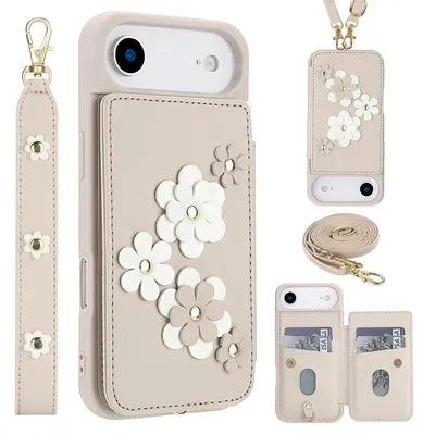 Produktbild von Crossbody Kunstleder Hülle für Apple iPhone 17 Air mit Blumenmotiv & Kartenfach Weiß