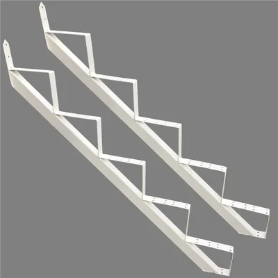 Two white metal stair stringers are shown against a plain gray background.