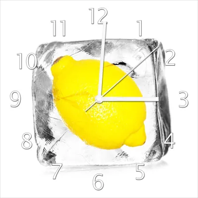 Produktbild von Wallario Design Wanduhr Zitrone in Eiswürfel - Eiskaltes Obst aus Echtglas, Größe 30 x 30 cm