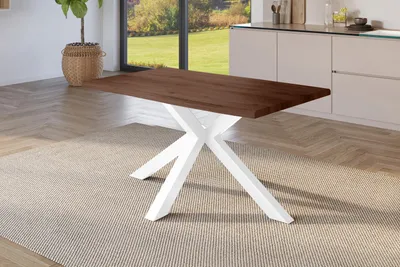 Produktbild von Esstisch 120x80 cm Baumkante Holz Nussbaum-Optik Spider-Gestell Metall weiß JULIUS