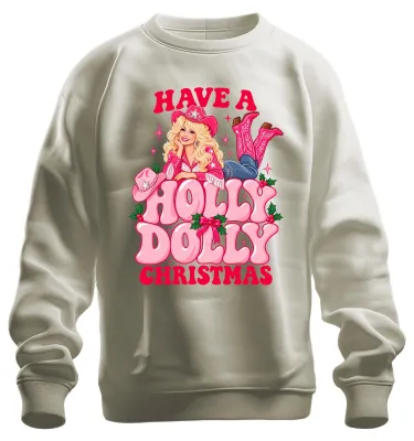 Productafbeelding van "Have A Holly Dolly Christmas" - Zweetshirt met afbeelding van Dolly Parton in country-stijl, model pullover, kleur: naturel, maat: L
