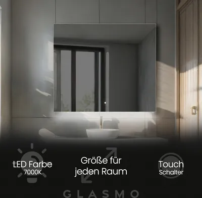 Produktbild von Badspiegel mit LED Beleuchtung 100x100 cm Ivy - Quadratisch Rechteckiger Spiegel mit Beleuchtung - Kaltweiß 7000K - Badezimmerspiegel Lichtspiegel mit Touch Schalter