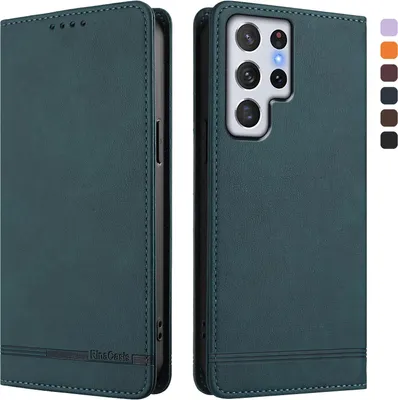 Image de Etui pour Samsung Galaxy S22 Ultra 5G, étui rétro en cuirPolyuréthaneavec support et fentes pour cartes de crédit Vert