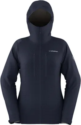 Dunkelblaue Hardshelljacke für Damen von La Sportiva mit Kapuze und Reißverschlusstaschen.
