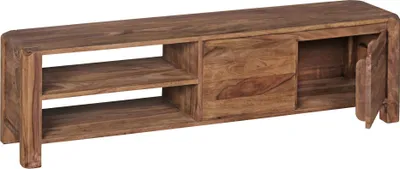 Lowboard BOHA 140cm Sheesham Massivholz Landhaus TV-Board 40cm in Gesamtansicht mit offenen Fächern und mittlerer Schublade.