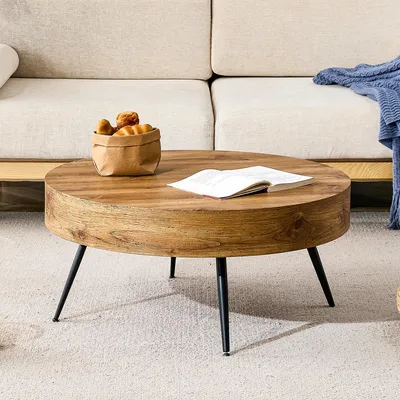 Image de Table basse ronde de 70 cm, aspect bois, MDF, pieds en métal noir, style minimaliste