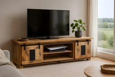 Produktbild von TV-Board Mangoholz massiv Vintage-Optik Lowboard gusseiserne Elemente 180 x 50 x 55 cm LIBRO