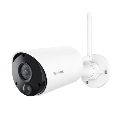 A white Reolink Argus Eco security camera with an antenna is shown against a white background.