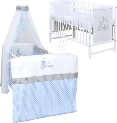 Produktbild von Baby-Delux Babybett Gitterbett Mia weiß 120×60 inkl. Matratze Bettwäsche Set 10tlg Prince Stars