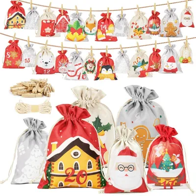 Produktbild von Adventskalender zum Befüllen, 24 Stoffbeutel, Polyester, 2 Größen, inkl. Klammern & Schnur