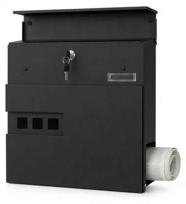 Produktbild von Relaxdays Briefkasten mit Zeitungsfach, HxBxT: 37,5 x 37 x 11,5 cm, Sichtfenster, Namensschild, 4 Schlüssel, schwarz, KI-generiertes Bild