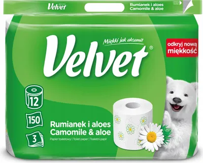 Obrázek produktu pro Toaletní papír Velvet s přírodními extrakty, jemný a odolný, 12 rolí