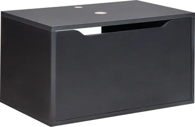 A black bathroom wall-mounted sink cabinet with a drawer opening.