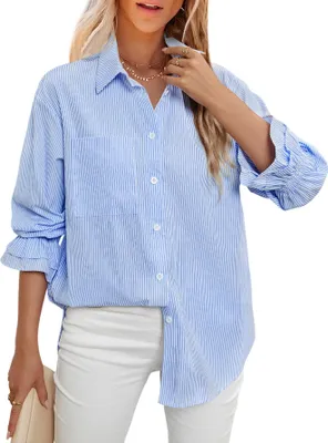 Produktbild von ASKSA Damen Bluse V Ausschnitt Langarm Knoepfen Elegant Hemdbluse Casual Hemden Gestreifte Brusttasche Oberteile (Blau,L)