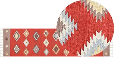 Produktbild von BELIANI Kelim-Teppich Mehrfarbig Baumwolle 80 x 300 cm mit Fransen Geometrischem Muster Handgewebt Zweiseitig Läufer Modern Wohnzimmer Schlafzimmer