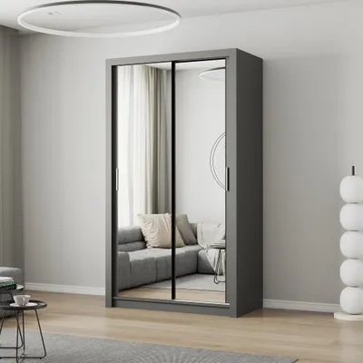 Produktbild von Schwebetürenschrank Kleiderschrank Schrank 120cm Grau/Grau mit zwei Spiegeln MILAN