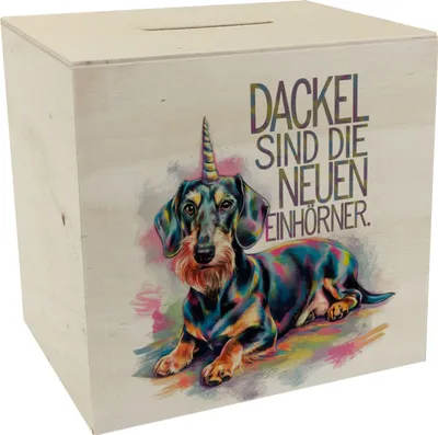 Produktbild von Dackel Einhorn Spardose aus Holz - Dackel sind Einhörner