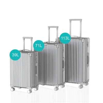 Three silver suitcases of different sizes arranged in ascending order.