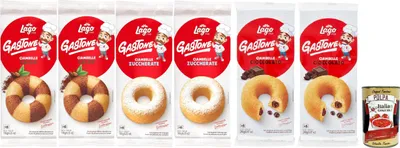Produktbild von Lago 1968, Le Merende di Ciambelle Testpaket 6 Stuck, Kakao-Donuts, Einzeln verpackte, weiche Snacks, ohne Palmöl + Italian Gourmet polpa 400g
