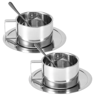 Produktbild von Edelstahl Kaffeetassen Set 200ml Doppelwandig Isolierbecher mit Löffel und Untertasse 2 Stück