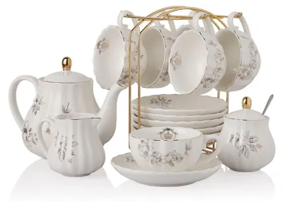 Teegeschirr für 6 Personen, Porzellan, Blumenmuster, glänzend