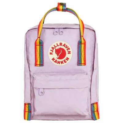 A close-up studio shot of a lavender Fjällräven Kånken Mini backpack with rainbow-colored straps.
