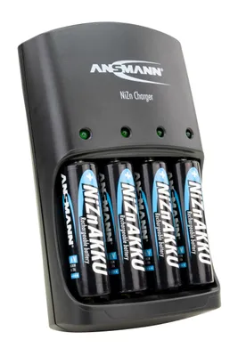 A black ANSMANN NiZn charger with five AA batteries inserted.