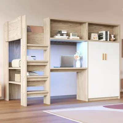 Zdjęcie produktu dla Łóżko piętrowe 90x200 cm z biurkiem, szafą, półką, schowkami i oświetleniem LED, z materacem sprężynowym, w kolorze drewna