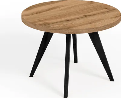 A round wooden table with black legs on a white background.
