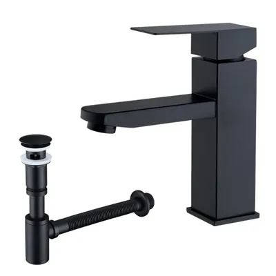 Produktbild von HOMELIVE Badarmatur mit Pop-Up Ablaufventil und Universal Siphon für Waschbecken Wasserhahn Bad Schwarz Waschtischarmatur mit Siphon-Sets 1 1/4 Zoll