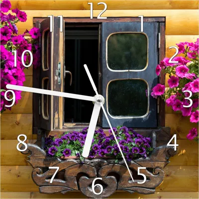 Produktbild von Wallario Design Wanduhr Fenster mit Blütenpracht aus Echtglas, Größe 20 x 20 cm