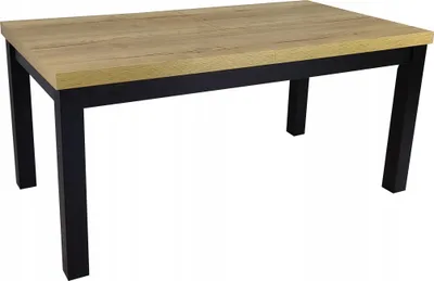 A table with a wooden top and black legs, shown from a diagonal angle against a white background.