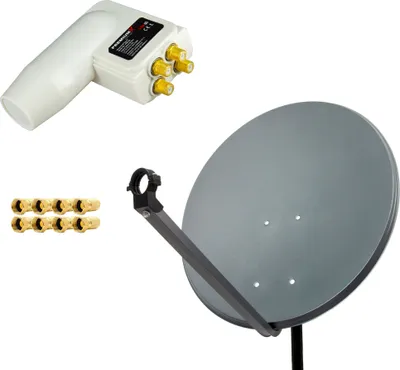 A satellite dish, LNB, and F-connectors are arranged on a white background.