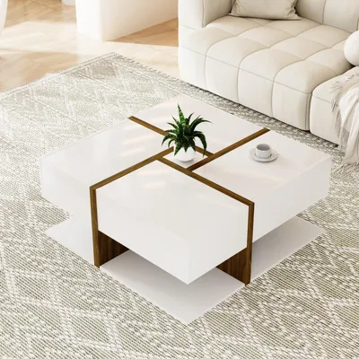Produktbild von Couchtisch mit 4 versteckten Schubladen, moderner Stil, geometrisches Design, Wohnzimmertisch aus Holz, weiß