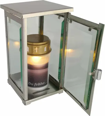 Produktbild von Grablaterne Edelstahl eckig mit Facettenglasscheiben inkl. LED Grablicht 21 cm