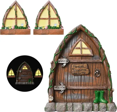 Productafbeelding van Set met kabouterdeur - 1 kabouterdeur + 2 kabouterramen - Verlichte feeëndeur - Miniatuurdeur voor een feeëntuin - Tuindecoratie - Feeëndeur voor binnen en buiten