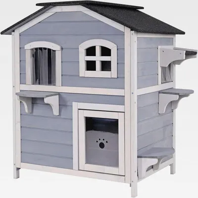 Produktbild von Katzenvilla aus Tannenholz mit Bitumendach für drinnen und draußen, Katzenhaus über 2 Etagen mit Stufen, 80x55x90 cm, Lamellenvorhang und Fenster, Hütte für große Katzen geeignet, grau/weiß