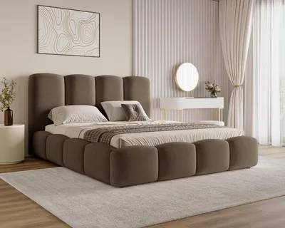 Zdjęcie produktu dla BESILIO Łóżko chmurka z pojemnikiem i stelażem 160x200 Puffy - welurowe łóżko tapicerowane - Brązowy