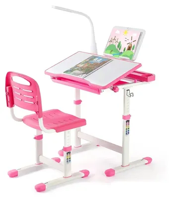 Imagen del producto de Escritorio ergonómico para niños - Escritorio con silla - Escritorio ajustable - Lámpara de lectura LED - Superficie de mesa inclinable