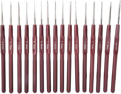 Obrázek produktu pro Sada háčků 16 kusů, rozměry 0,5 mm - 2,5 mm, nerezová ocel, ergonomické rukojeti, vhodné pro jemné háčkování krajek