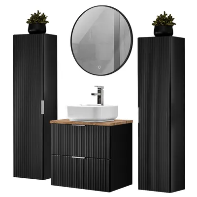Produktbild von Badmöbel Komplett Set, matt schwarz mit Eiche Nb., Front gerillt, ADELAIDE-56-BLACK, B/H/T ca. 160/200/46,5 cm