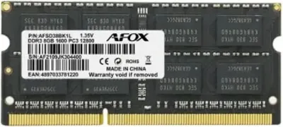 Produktbild von AFOX AFSD38BK1L, 8 GB, 1 x 8 GB, DDR3L, 1600 MHz, 204-pin SO-DIMM