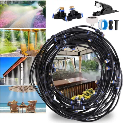 Produktbild von Sprühnebel Kühlung Bewässerungssystem für Terrasse Garten Sonnenschirm, Outdoor Misting System mit 13 Nebeldüsen und 8M Schlauch, Bewässerung Wasserkühlung Wasserzerstäuber