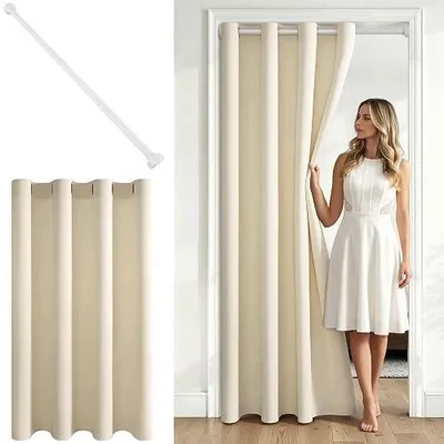 Zdjęcie produktu dla Zasłona na drzwi beżowa nieprzezroczysta 195X140 cm bez wiercenia